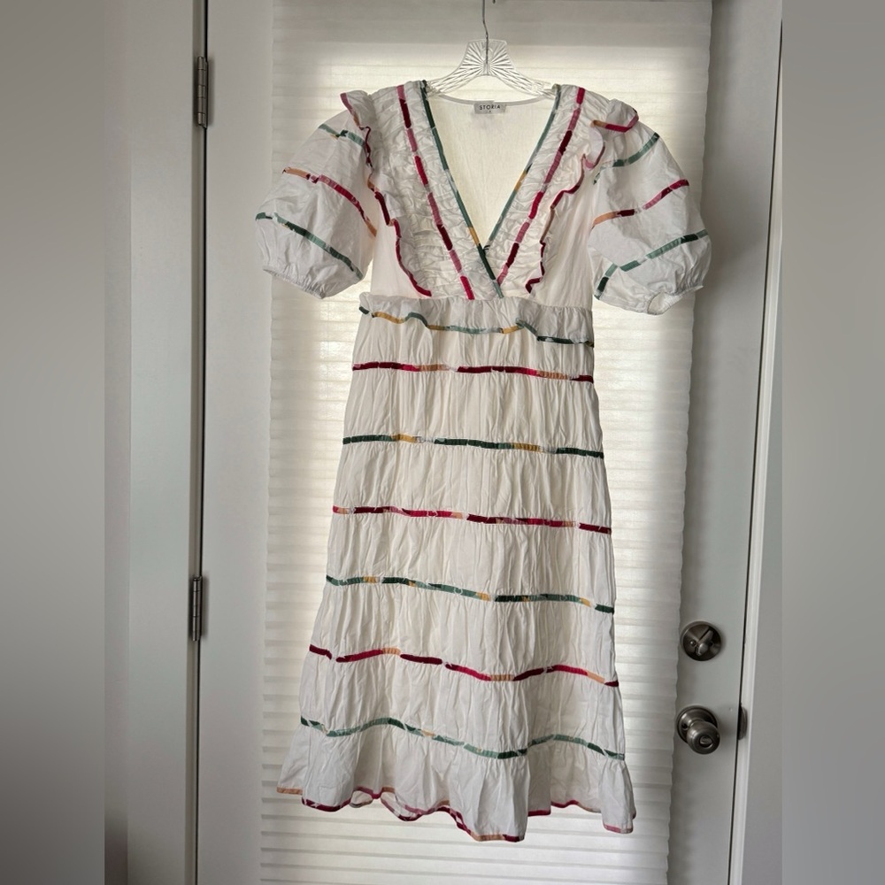Striped White Summer Dress with Multicolor Striped Accents